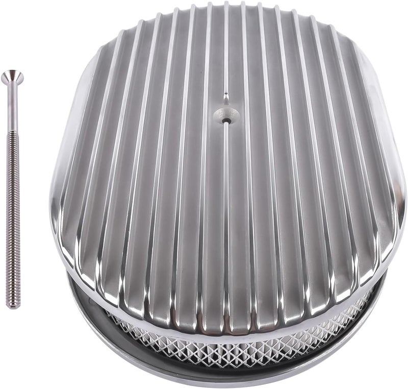 TEKKOAUTO 12" Oval Full Finned Air Cleaner Polished Aluminum Replacement for 5-1/8” Carburetors - Image 3